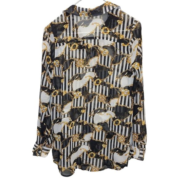 Forever 21 Nautical Black White Gold Sheer Long Sleeve Button Blouse Womens S - Picture 4 of 12